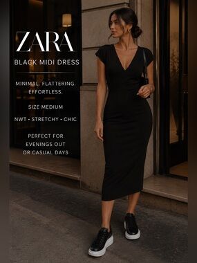 NWT Zara Black Stretch Midi Dress Size Medium Minimal Chic V-Neck Sheath